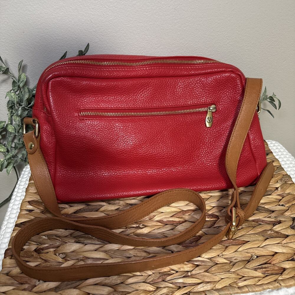 VALENTINA Red Tan Pebbled Leather Convertible Bucket Bag Hobo Crossbody Purse